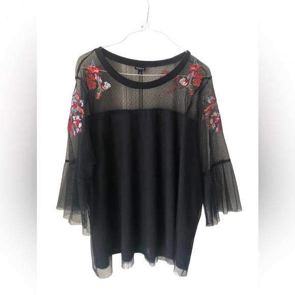 torrid Tops - Torrid Womens Blouse Black Long Bell Sleeve Sheer Lined Illusion Neckline Plus 3